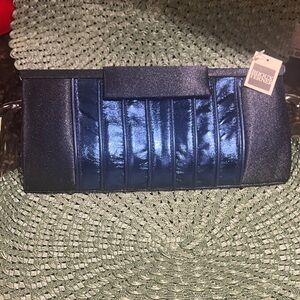 NWT elegant Blue satan evening Clutch. Can be worn with or without silver chain.